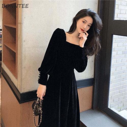 Dresses Women Lantern Sleeve High Waist Square Collar Solid Casual Temperament Tender Retro Fashionable Feminino Slim BF Style