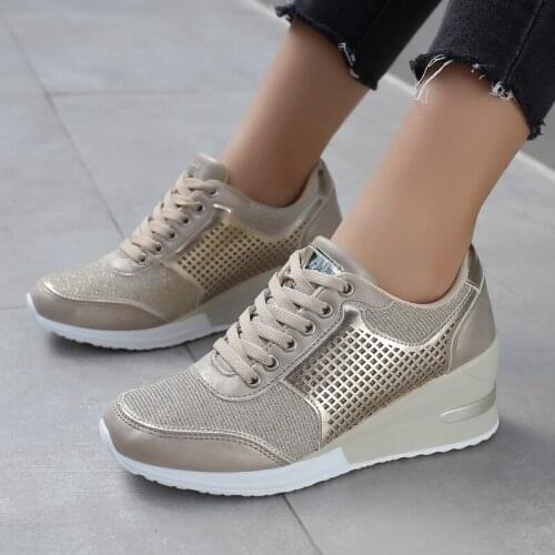 Platform Heels Women Increasing Walking Shoes Pumps Comfortable Fashion Sneakers Gold Black Ladies All-match Outdoor