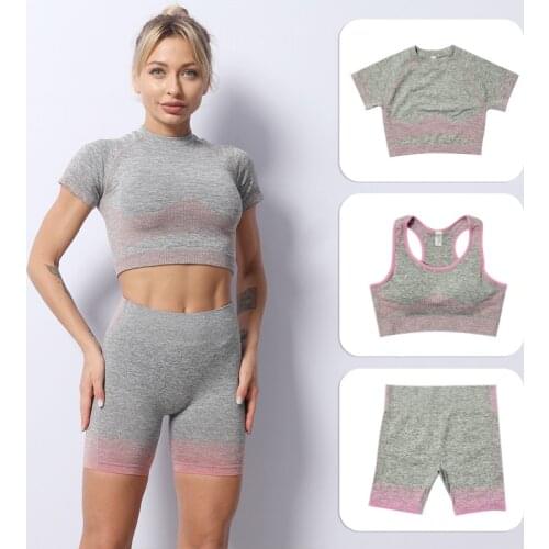 Women 3 Piece Yoga Set Short Sleeve Seamless Sport Suit Gym Clothes Fitness Crop Top Shirt High Waist Legging Sportswear
