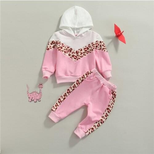 1-5 Years Infant Girls Leopard Print Outfits Girls Long Sleeve Hooded Sweatshirt + Pants With Pockets Spring Fall Set
