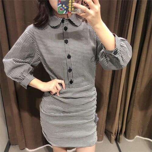 Women 2021 Fashion Houndstooth Buttoned Slim Pleated Mini Dress Vintage Long Sleeve Button-up Female Dresses Vestidos Muje