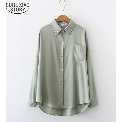 2021 New Fashion POLO Collar Loose Slim Solid Pocket Chiffon Blouse Korean Retro Long Sleeve Womens Shirts Blusas Mujer 11333