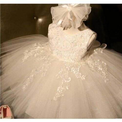 Ball Gown Flower Girl Dresses White Lace Tulle Knee Length Kids Party Dress Gown 2017 Cheap Girl Dress