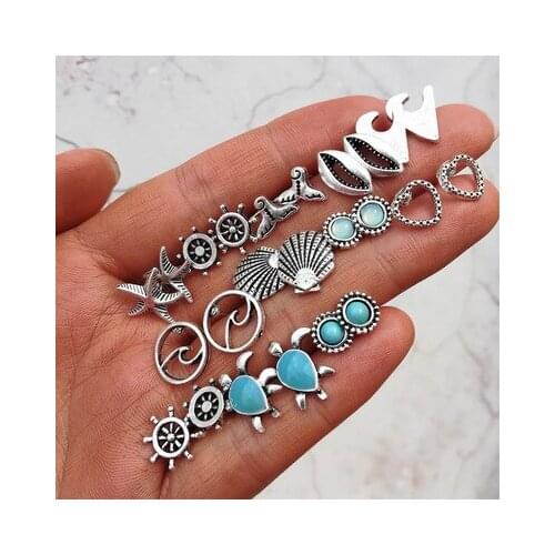 Bohemian Starfish Wave Turtle Shell Stud Earrings Set For Women Vintage Rudder Heart Round Earring Statement Jewelry New Fashion