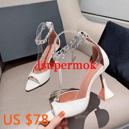 Luxury Designer Fingerless High heels Sandals Summer Women Genuine Leather Metal Detailed Chain Brand Sandals