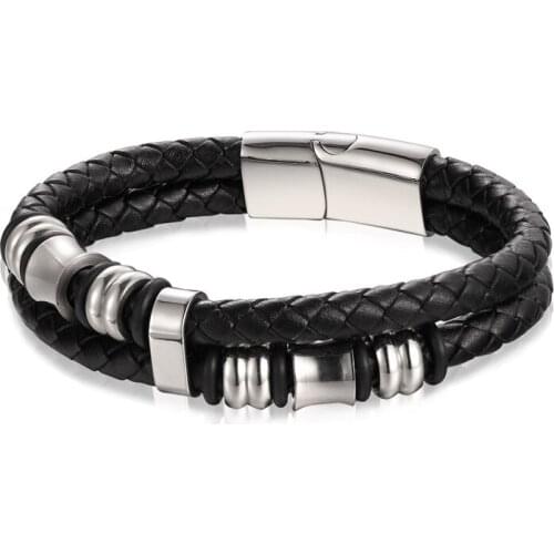 Genuine Leather Bracelet Double Layer 19/21/22CM Silver Gold Color Special Jewelry For Men Christmas Gift