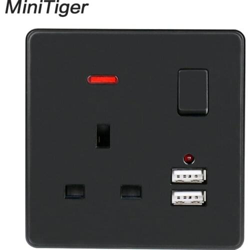 Minitiger Black Wall Power Socket 13A UK Standard Switched Outlet 2.1A Dual USB Fast Charger Port LED indicator