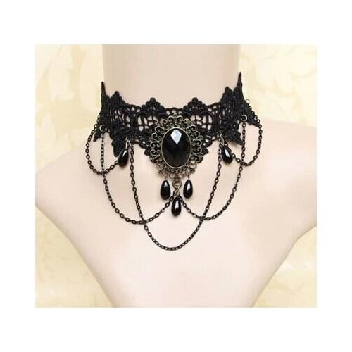 Handmade Dark Queen Black Lace Retro Gothic Lolita Necklace with Obsidian