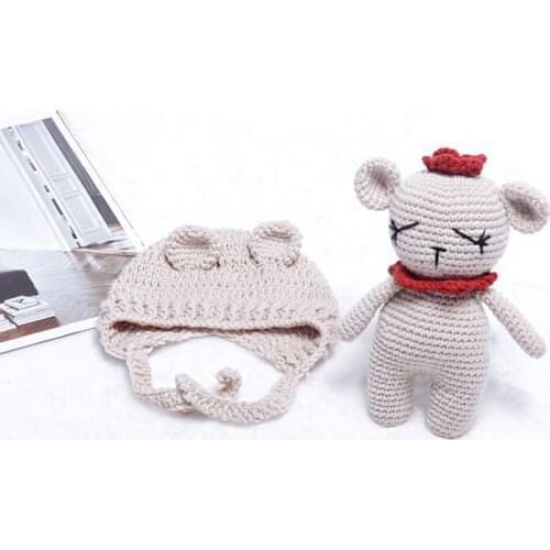 Newborn Baby Bear Hat and Doll Photography Props Set Little Girls Boys Crochet Knit Costumes Beanie Cap with Toys Cute Gifts