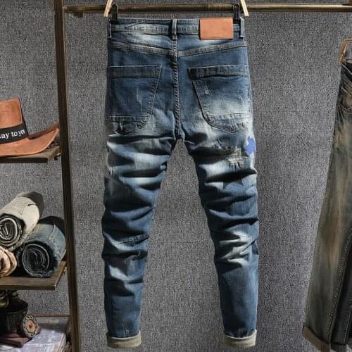 Autumn Vintage Embroidery Hole Ripped Mens Jeans Personality Black Blue Slim Fit Pencil Pants High Street Fashion Denim Pants