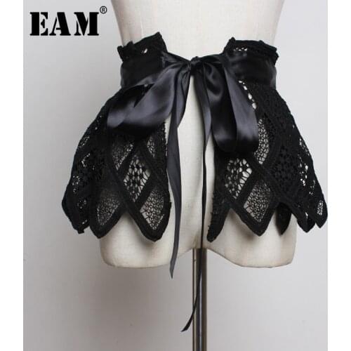 [EAM] 2021 New Spring Summer Grid Lace Split Joint White Bandage Bow Loose Temperament Wide Belt Women Fashion Tide JO613