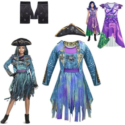 Hot Descendants 3 Mal Bertha Maleficent curls Live Evil Straight blue kids adult Cosplay cap + dress halloween costume for kids