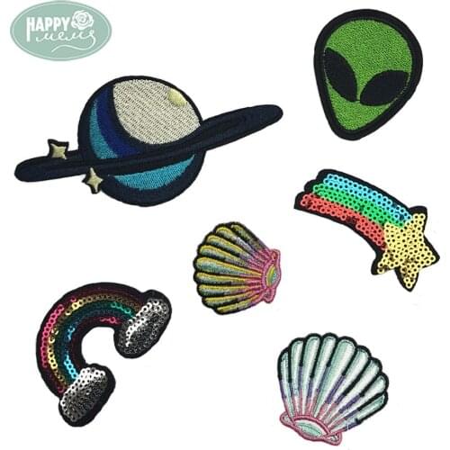Happymems 7 Different Style Star Rainbow And Shell Tree Embroidery Iron On Patches For DIY Alien Sequin Patches