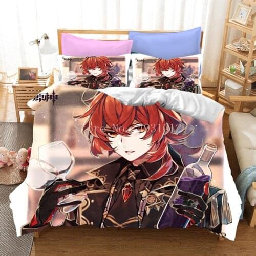 Game Genshin Impact Bedding Sets Quilt Bed Cover Duvet Cover Pillow Case 3 Pieces Sets Kids Adult Size Bedclothes