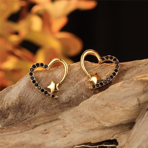 Cute Heart Black Zircon Stud Earrings For Women Wedding Jewelry Vintage Gold/Silver Color Multicolor Stone Small Star Earrings
