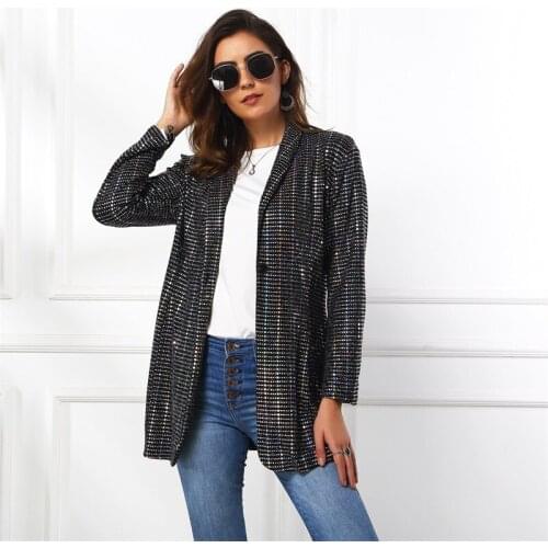 Fashion Sequin Blazer Women Bright Silver Single Button Casual Office Blazer Spring Autumn Vintage British Style Slim Work Suit
