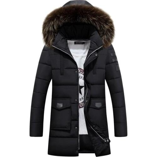 Men Jacket Winter 2020 New Thick Down Cotton Padded Man Coat Mid Long Slim Hood Faux Raccoon Fur Collar Plus Size 3XL HJ546