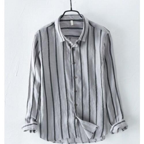 Mens Cotton Linen Long Sleeve Shirts Striped Slim Fit Dress Shirts Men Summer High Quality Business Shirts Male Camisa TS-338