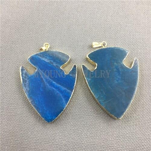 MY0402 Big Blue Arrow Onyx Lace Necklace Pendant,Fish Shape Dragon Agates Stone Pendant Charm,with Pure Gold Color Edge and Bail