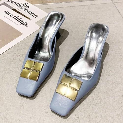 2021 Summer Fashion High Heels Solid Mules Leather Shoes for Women Indoor Outdoor Office Slippers Sexy Ladies Slides Sexy Mules