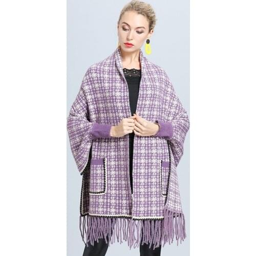 Mink Elegant Plaid Cloak Women Winter Knitting Poncho Tassel Capes for Women 2020 New Fashion Loose Capes Lady Fashion Ponchos
