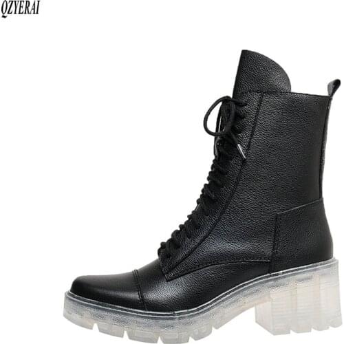 The new Genuine leather Womens boots Martin boots Lace-up high-heeled boots Womens shoes Size 34-39