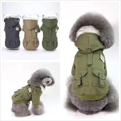 Dog Cotton-Padded Clothes Pet Products 2020 Autumn/Winter Clothing New Military Fashion Handsome Small Dog Warm Pure Color