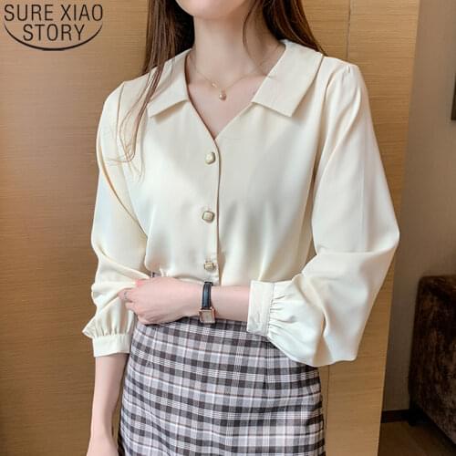 Office Lady OL Style Shirt Womens Tops and Blouses 2021 Autumn Long Sleeve Shirts V-neck Chiffon Blouse Women Tops Blusas 10685