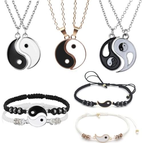 Couple Bracelets Necklaces Chinese Tai Chi Fengshui Hematite Leather Cord Braid Chain Bracelet Alloy Pendant Woven Bracelet Gift