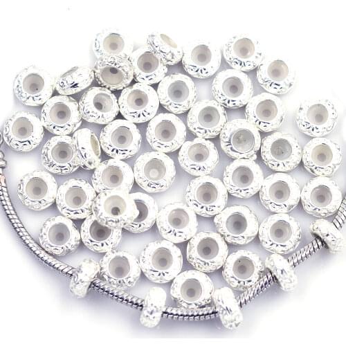 10Pcs European Spacer Beads Carved With Rubber Stopper Silver Plated Round Fit For European Charms Bracelets Jewelry 11x5mm