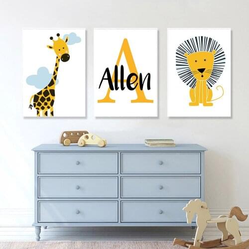 Boys Custom Name Poster Lion Giraffe Art Painting Nursery Canvas Print Cartoon Animal Nordic Wall Art Pictures Baby Room Decor