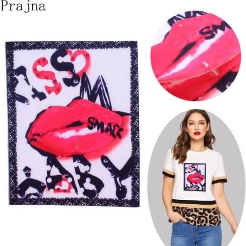 Prajna Kiss Fashion Red Lips Patch Rhinestone Beaded Patch Printed Sew On Patches For Clothes Stickers T-shirt Applique Washable