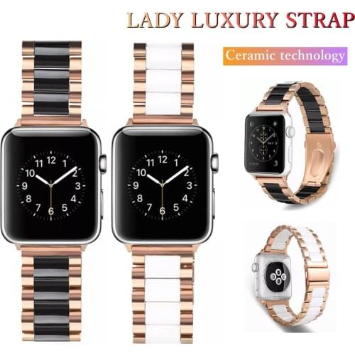 Luxury Women Watchband for Apple Watch 6 5 4 44mm 40mm 42mm 38mm Stainless Steel Band Bracelet for iWatch 5 4 3 2 1Ceramic Strap