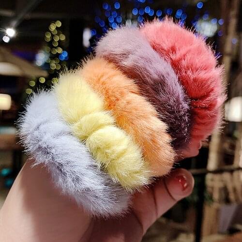 Winter Korea Fashion Sweet Colorful Fur Soft Women Elastic Scrunchies Rubber Ponytail Holder Headband Hair Accessories