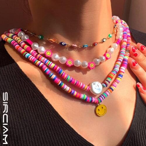 Pink Soft Clay Bead Smiley Beaded Necklaces For Women Simulated Pearl Choker Little Bear Layered Necklaces Boho Summer Jewelry
