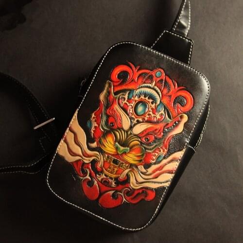 Handmade Top layer Leather Men Vegetable Tanned Leather Shoulder Bag Cowhide Hand-carved Brave Troops Dragon Fish Unicorn