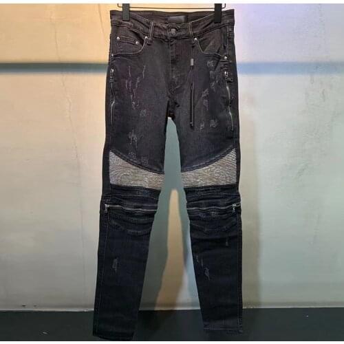 Patchwork Jeans Brand Ripped Tights Motorcycle Pants Men Motorcycle Pants Black Jeans Homme Marque De Luxe Ripped Jeans For Men