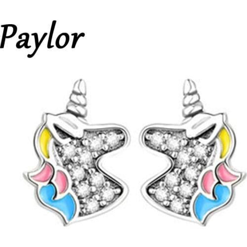 Paylor Trendy Silver Color Licorne Unicorn Enamel Crystal Stud Earrings for Women Animal Fashion Earrings Jewelry Brincos