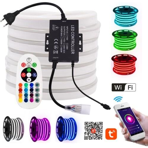 WiFi Control RGB LED Neon Strip Light+Remote 1500W Waterproof Neon Sign Rope Ribbon Flex LED Tape 110V US 220V EU AU UK 1-100m