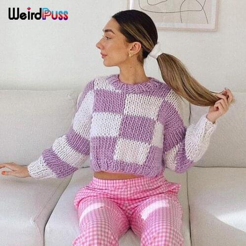 Weird Puss Casual Knitting Grid Pullover Sweater Women Autumn Soft Sweater Short Sweet Style All Match Streetwear Winter Tees