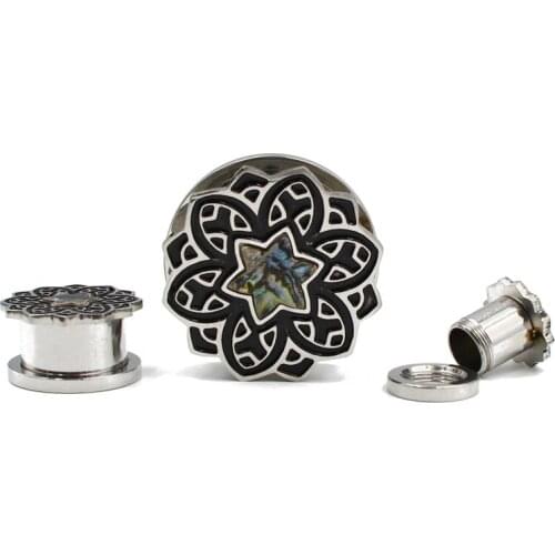 CHUANCI 2 PCS Sea-Shell Center Black Flower Ear Plugs Tunnel Gauges Stretcher Body Piercing Jewelry For Gift