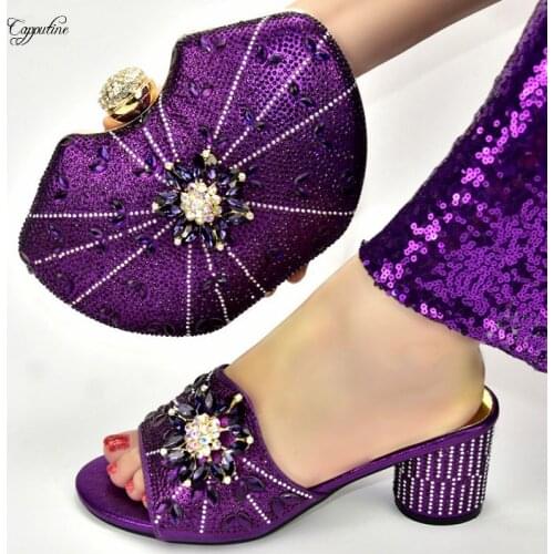 Purple Women Pumps Shoes With Purse Bag Set African High Heels Summer Slippers And Clutch Handbag Sandals Pantuflas 928-7 7.5CM