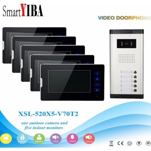 SmartYIBA 5 Units Apartment Intercom System Video Door Phone Door Intercom Aluminum Alloy Camera 7"Inch Monitor Video Doorbell