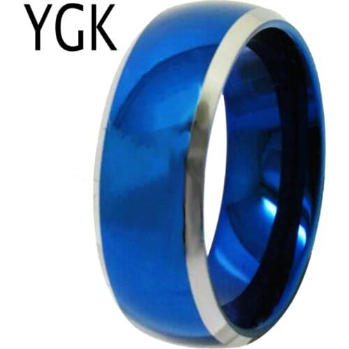 YGK Jewelry Lovers Ring New Wedding Anniversary Jewelry 8mm Blue Dome With Shiny Bevel Mens Tungsten Ring
