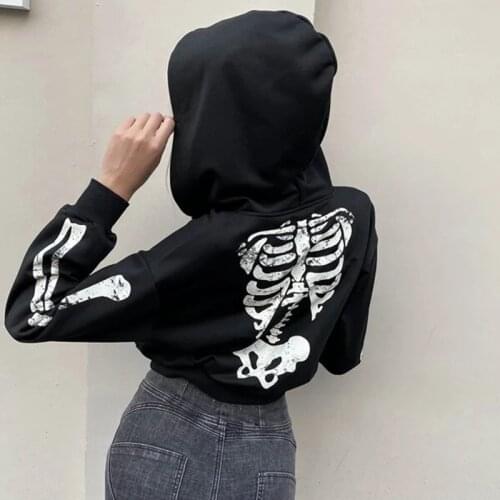 Gothic Skulls Print Black Sweatshirt Zip Up Long Sleeve Cropped Hoodies Women Autumn Coat Jacket E-girl Harajuku Clothes