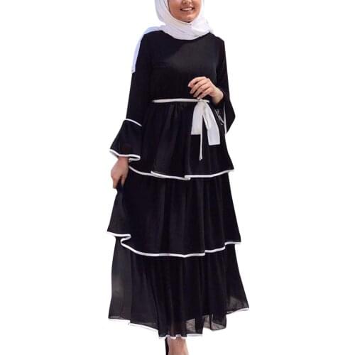 Womens Muslim Cake Dress Abaya Islamic Arab Kaftan Dresses With Belt Long Sleeve Ruffles Maxi Long Dress Платье Летнее Vestidos