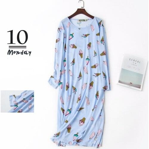 Women Cartoon Sleep Dress Cotton Nightgowns Long Sleeve Plus Size Lounge Wear Cute Animal Printed Round Neck Sleepwear