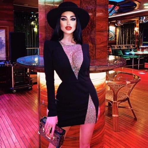 2021 New Summer Diamond Dress New Women Sexy V-Neck Mesh Long Sleeve Bodycon Bandage Fashion Celebrity Party Dresses Vestido