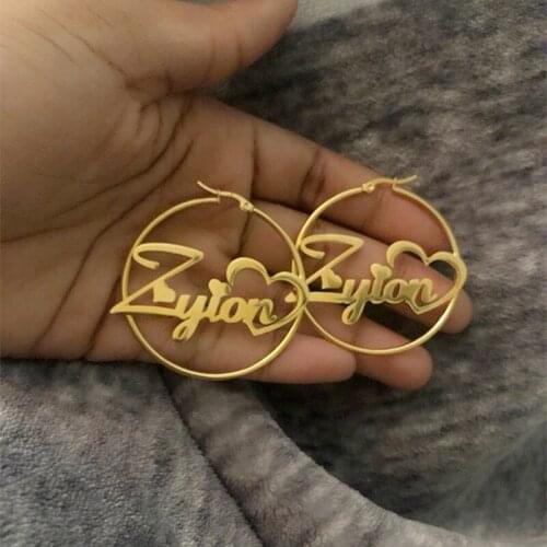 Gold Large Circle Hoop Earrings Stainless Steel Orecchini Nome Custom Name Heart Earrings For Women Personalized Jewelry