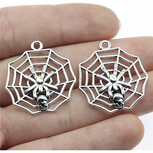 6pcs 29x26mm Antique Silver Color Antique Bronze Skull Spider Pendants Cobweb Spider Skull Pendants Charm Skull Charm